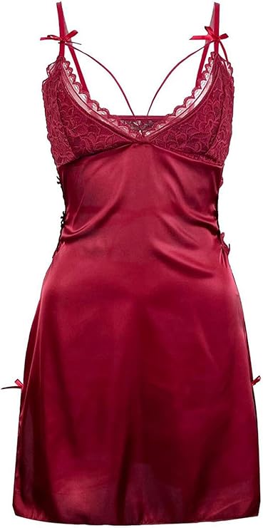 Contrast Lace Slip Nightdress Sexy Deep V Side Split  Nightdress for Women